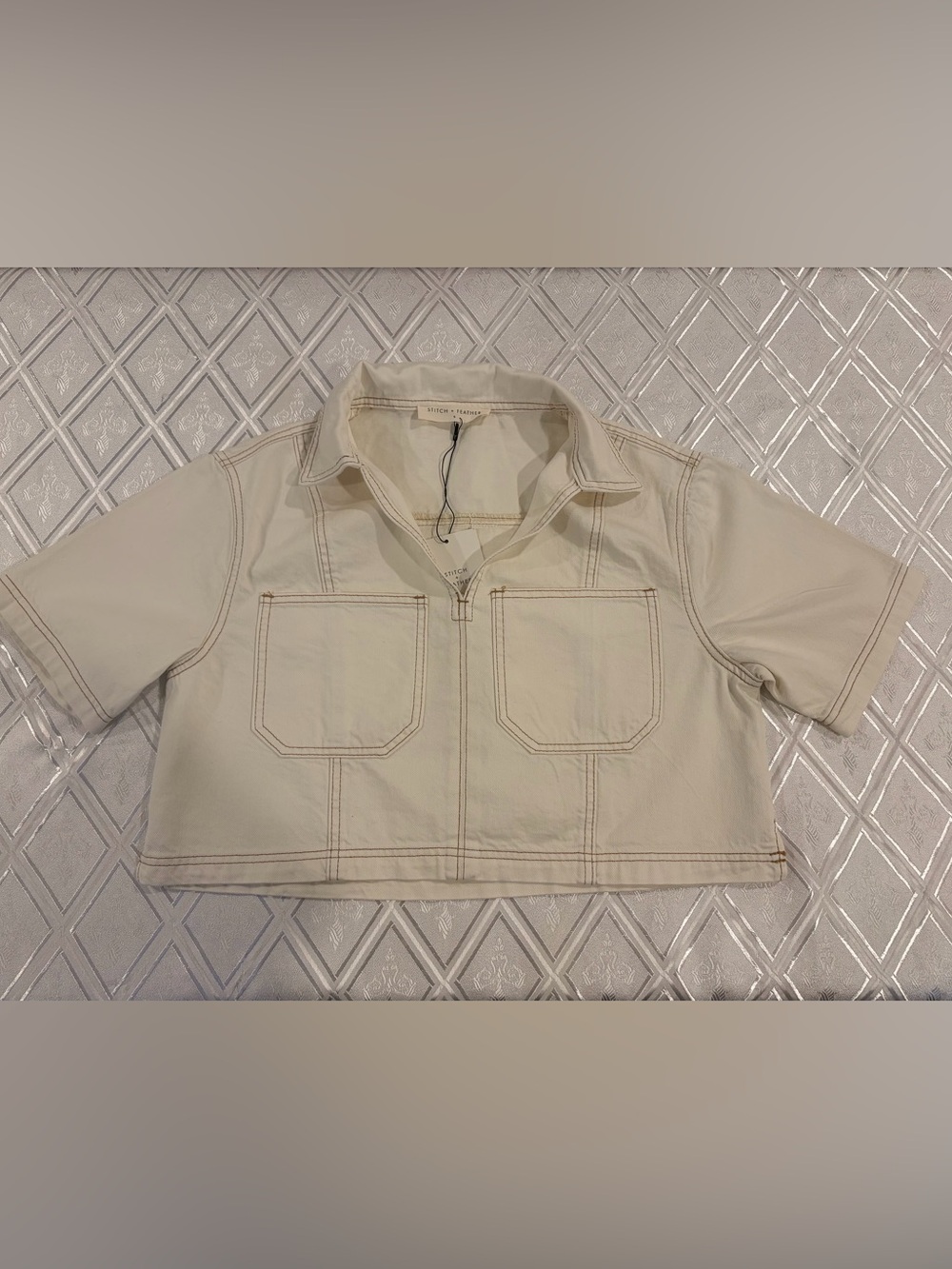 Stitch & Feather Cream Cropped Denim Top
